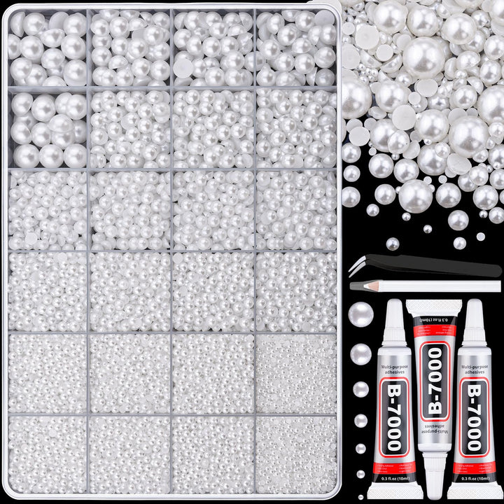 Nail Art Flat Back Half round Pearl Kits 3, Mixed Sizes 6000 Pcs White Small Pearls for Nails with Picking Tools for Graduation Cap Decorations Home DIY Body Face Craft Salon Use