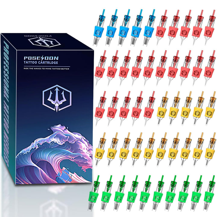 50Pcs Tattoo Cartridge Needles Assorted Mixed Size round Liner Shader Magnum Curved/Round Mag # 12 Standard 3RL 5RL 7RL 9RL 5RS 7RS 9RS 7RM 9RM 9M1 Disposable Membrane for Tattoo Pen