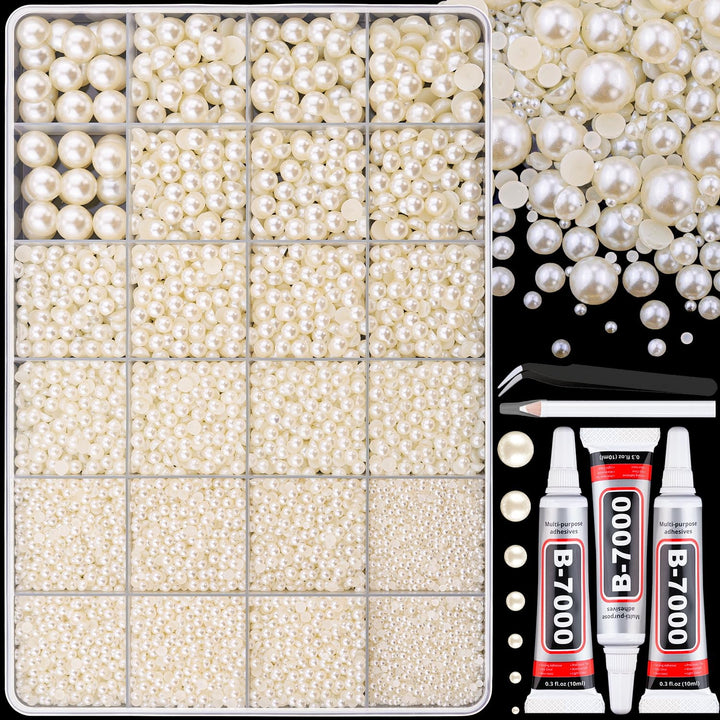 Nail Art Flat Back Half round Pearl Kits 3, Mixed Sizes 6000 Pcs White Small Pearls for Nails with Picking Tools for Graduation Cap Decorations Home DIY Body Face Craft Salon Use