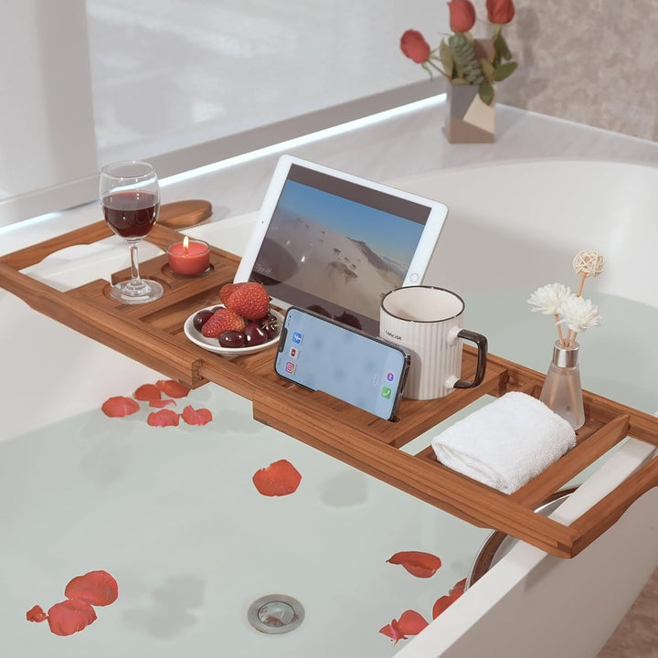 Premium Teak Bathtub Tray, Expandable Wooden Bath Tray for Tub, Luxury Bathtub & Bathroom Accessories, Great House Warming, Anniversary & Wedding and Birthday Gifts (Free Teak Body Brush)
