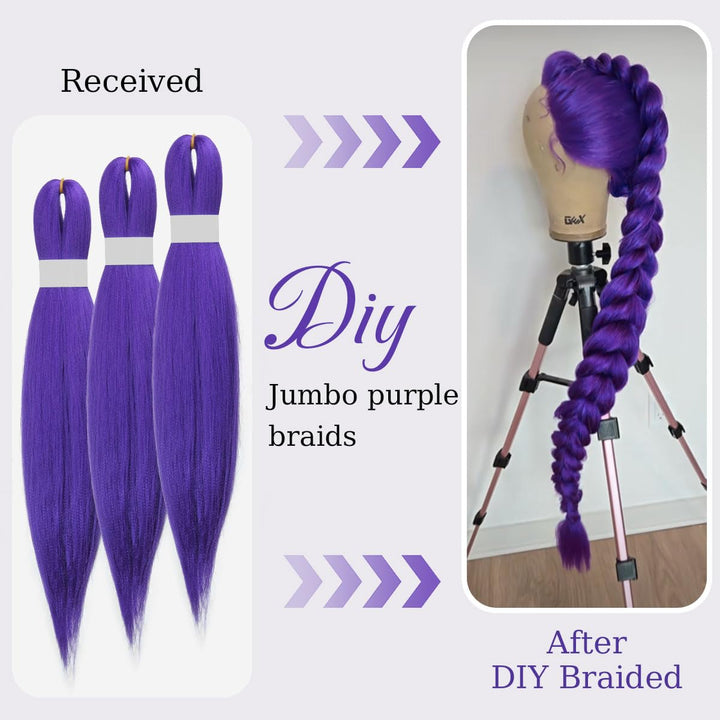26 Inch Long Purple Braiding Hair Pre Stretched Synthetic Braiding Hair Extensions for Braids, Purple Hair Extensions for Stage Party Halloween Costume Cosplay