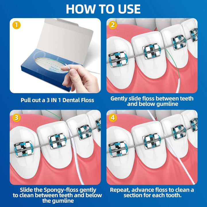 Dental Floss for Braces, 3 in 1 Ultimate Floss, Floss Threaders for Bridges and Implants, 80 Pre-Cut Strands (Pack of 2)