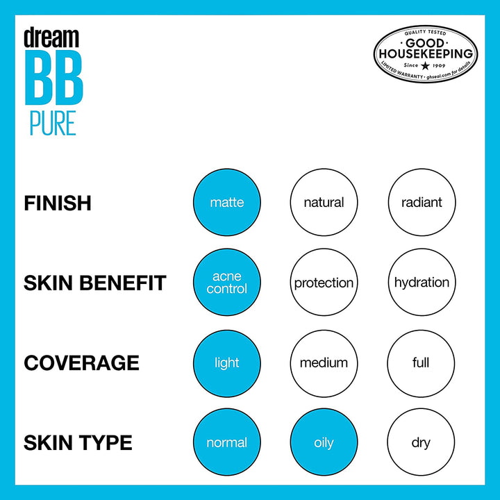 Dream Pure Skin Clearing BB Cream, 8-In-1 Skin Perfecting Beauty Balm with 2% Salicylic Acid, Sheer Tint Coverage, Oil-Free, Light/Medium, 1 Count