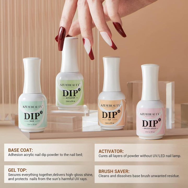4+4Pc Dip Powder Liquid Set, 15Ml/0.5Oz, with Base/Top Coat, Activator, Brush Saver, Nail File– Fast Drying Formula, No UV Light Needed ﻿