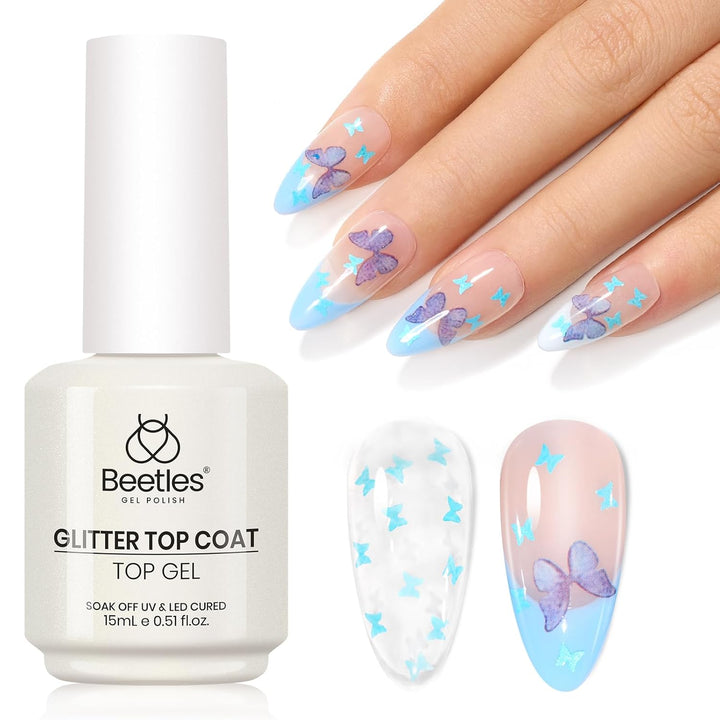 Glitter Top Coat Gel Polish 15Ml Reflective Silver Mix Glitter Shiny Gel Nail Polish No Wipe Uv Gel Top Coat Nail Decoration Nail Art Sparkle Manicure DIY Home Salon