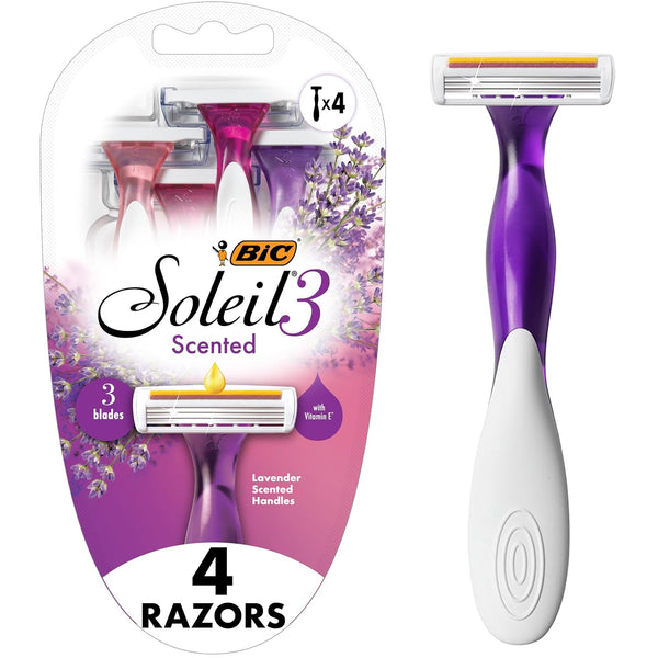 Soleil 3 Scented Women’S Disposable Razor, 3 Blades with a Moisture Strip for a Silky Shave, Assorted, 4 Piece Razor Set