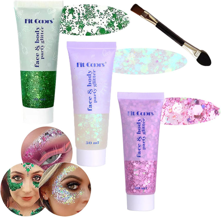 Body Glitter Face Glitter Gel: Singer Concerts Disco Festival Rave Accessories Face Glitter Makeup 150Ml Chunky Sequins Mermaid Face Body Hair Glitter Gel (White&Silver&Pink)