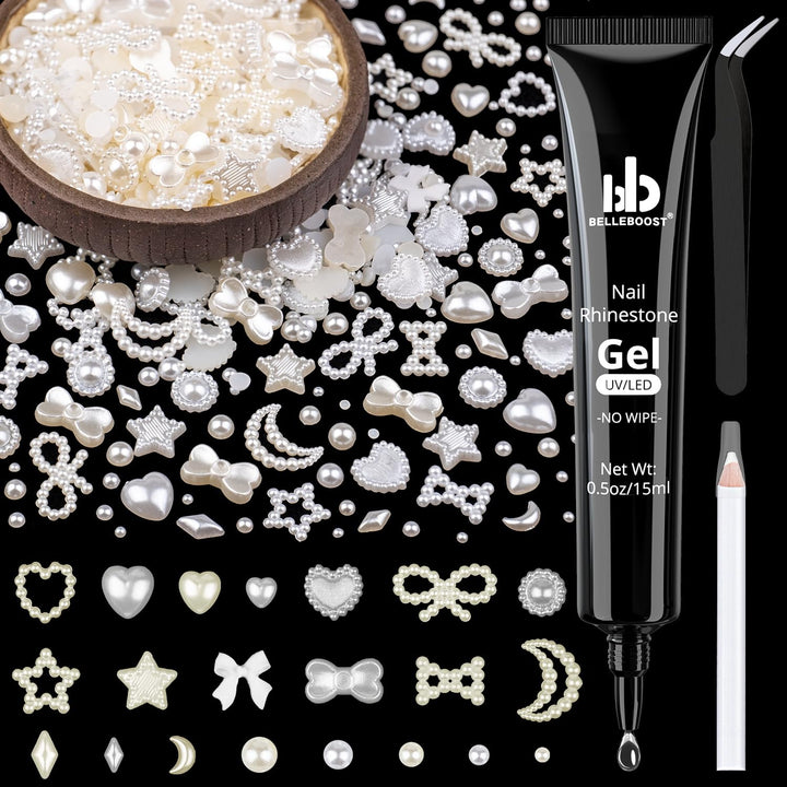 600Pcs 3D Multi Shapes Nail Charms and Flatback Pearls, White Mix Styles Heart Star Bow Sunflower Embellishments for Nail Art, Craft and Decoration with Glue Gel, Tweezer and Pickup Pencil