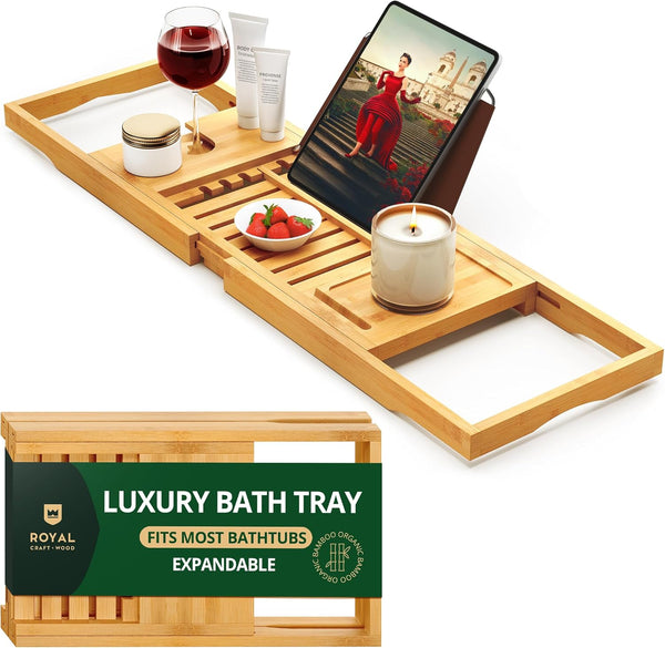 Premium Foldable Bathtub Tray Caddy - Wood Bath Tray for Tub, Bamboo Shelf, Expandable Bath Table Trays, Bathtub & Bathroom Accessories for New Home & Mothers, Birthday Gifts for Mom