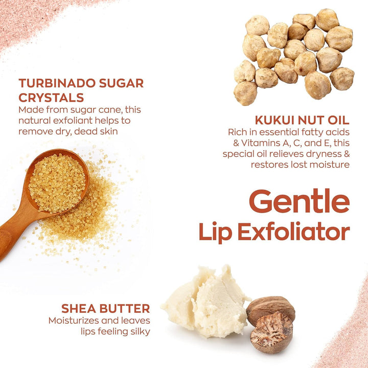 Vegan Sugar Lip Scrub Exfoliator - Hawaiian Cane Sugar, Kukui Oil & Shea Butter for Smooth, Hydrated Lips - Natural, Cruelty-Free Lip Care, Removes Dry Skin, Moisturizes & Softens (22G)