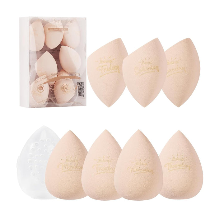 Makeup Sponge Set Blender Sponges, Latex-Free Beauty Makeup Sponges 7 Pcs with 1 Travel Container Case for Blending Foundation Liquid Cream and Powder (Beige)