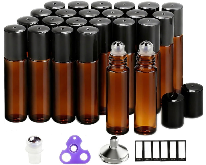 Set of 12, 10 Ml Amber Glass Roller Bottles for Essential Oil with Stainless Steel Roller Ball - Refillable Leak-Proof Empty Roll on Bottles with Black Caps for Travel, Perfume, Lab