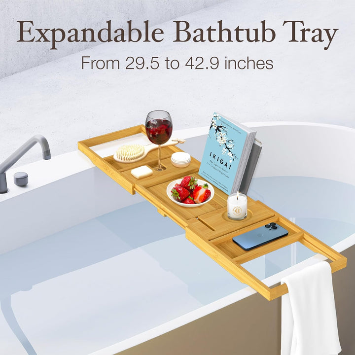 Bathtub Tray - Expandable Bamboo Bath Tray for Tub with Wine Glass Holder, Book & Tablet Stand - Wooden Bathtub Caddy Tray Table for Bathroom Accessories, Spa Relaxation, Housewarming & Wedding Gift