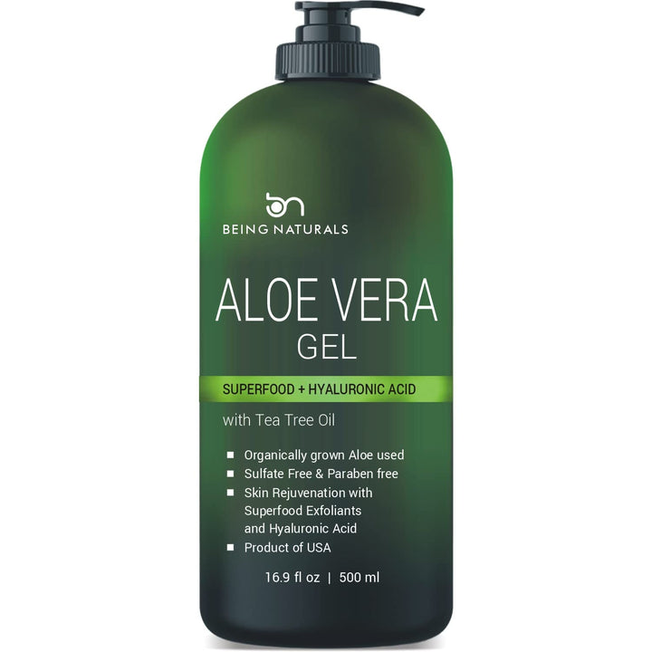 Aloe Vera Gel - from 100% Pure Organic Aloe Infused with Manuka Honey, Stem Cell, Tea Tree Oil - Natural Raw Moisturizer for Face, Body, Hair. Perfect for Sunburn, Acne, Razor Bumps 16.9 Fl Oz