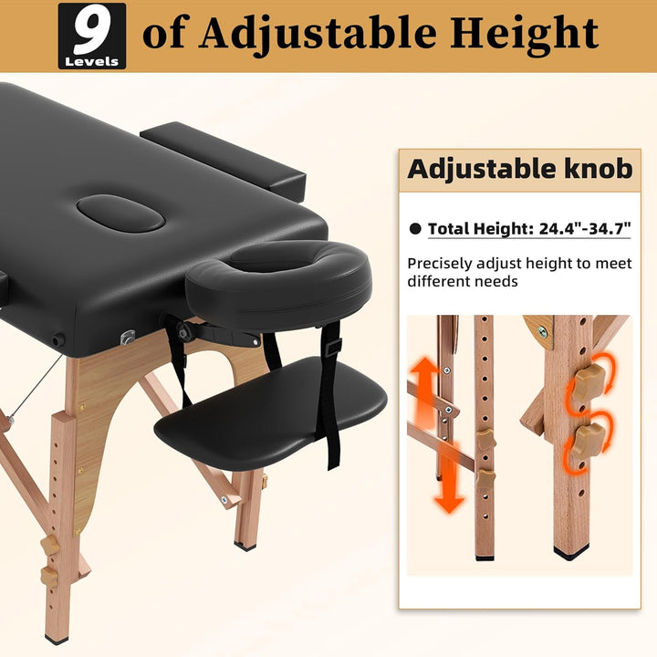 Massage Table Massage Bed Portable, 29 Lbs Light Weight 2 Section Foldable Tattoo Bed Facial Care Spa Lash Bed Height Adjustable Sturdy Wooden Frame with Accessories Carrying Bag, Black