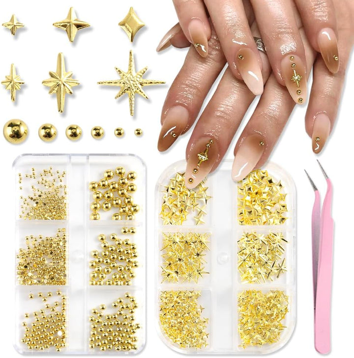 3D Mixed Sizes Nail Art Studs Gold Silver Mini Metal Caviar Nails Beads Ball Nail Rivets Jewelry for Women Girls Manicure Nails Supplies DIY Crafts Decorations