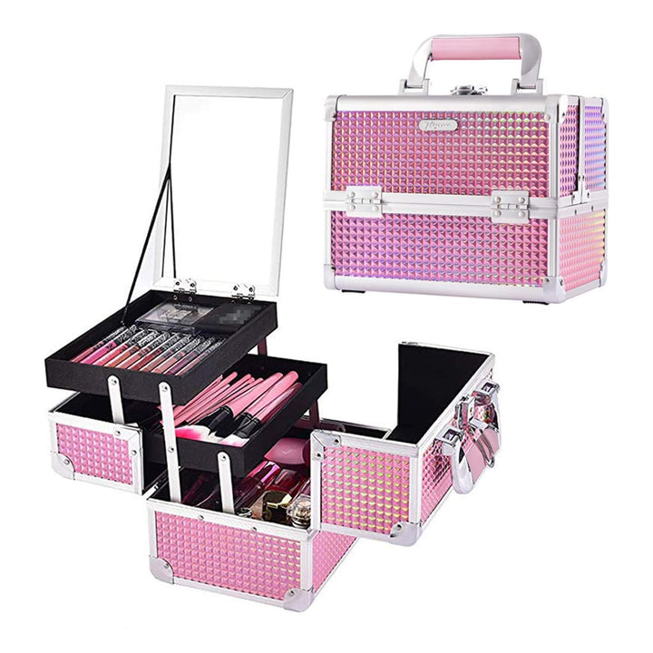 Makeup Train Case Makeup Case Organizer Portable Cosmetic Box Storage with 2 Trays Mirror Locking Make up Travel Case for Nail Kits Cosmetics Craft Traveling Makeup Box Mermaid Pink