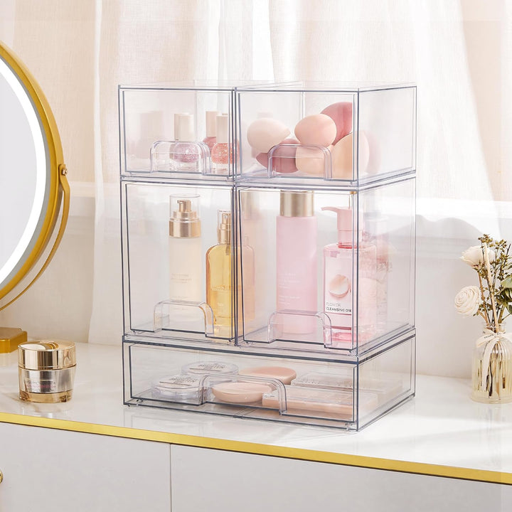 Stackable Storage Drawers Set of 5, Clear Plastic Organizer Bins for Beauty Supplies,Ideal for Vanity, Bathroom,Cabinet,Pantry Organization