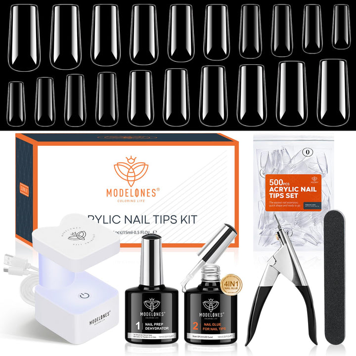 Gel Nail Kit, Fake Nails Long Coffin, 9-In-One Glue Prep Dehydrator & Portable Mini U V Light Acrylic Clipper, 500Pcs Coffin Tips for Extension Kit DIY Salon Home Gifts for Women