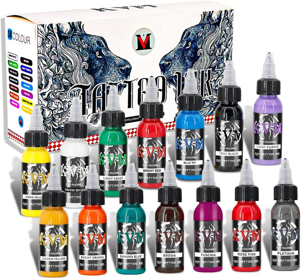 Tattoo Ink Set 14 Pcs Colors 1Oz (30Ml) Tattoo Supply Indoor Tattoo Studio Renowned for Its Smooth Flow Characteristics