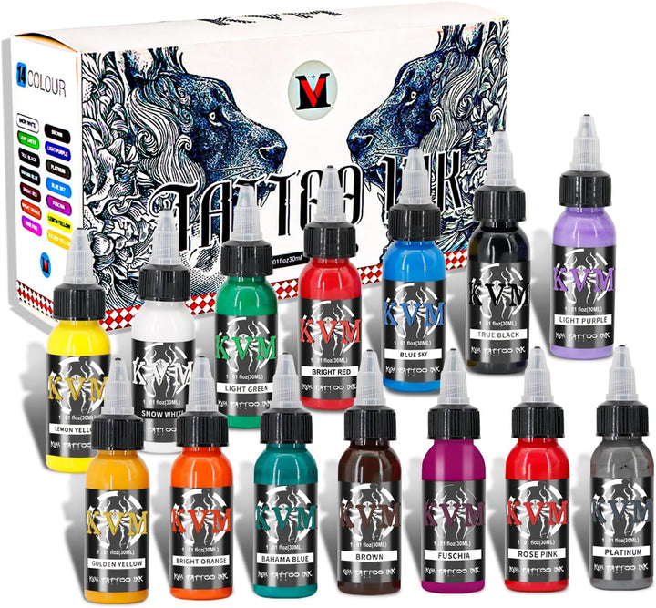 Tattoo Ink Set 14 Pcs Colors 1Oz (30Ml) Tattoo Supply Indoor Tattoo Studio Renowned for Its Smooth Flow Characteristics