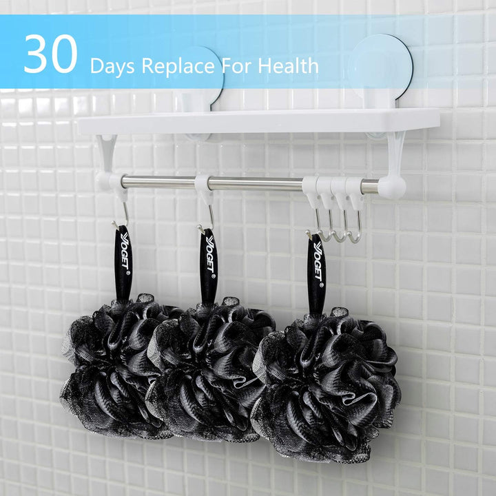 Bath Loofah Sponge, 4 Pack Black 60G Shower Mesh Ball Soft Pouf Body Scrubber, Exfoliate, Cleanse, Soothe Skin, Black Loofah with White Trim