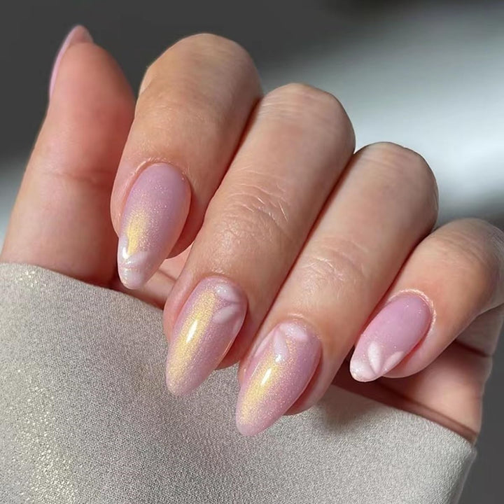 Press on Nails Almond Fake Nails French Tip False Nails with Gold Line Design Glue on Nails Press Ons Medium Acrylic Nails Glossy Full Cover Stick on Nails for Women Manicure 24Pcs