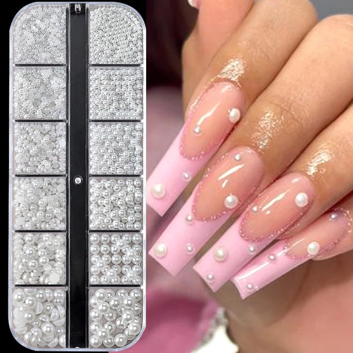 12 Grids Pearl Beads Nail Art Charms Nail Pearls White Pearl Charms for Nails Design Flat Back Pearls for Crafting Manicure Bead Kit Women Nail Beads Fingernail Decorations Cute Beads for Crafts