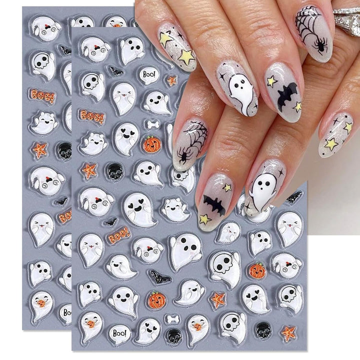 Halloween Nail Art Stickers, Gradient Pumpkin, Horror Mask Nail Decals, 3D Self-Adhesive Spider-Web Bat Design for DIY Nail Supplies Decoration (5 Sheets)