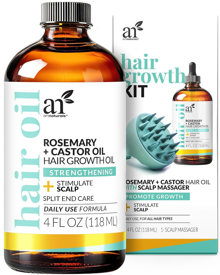 Organic Rosemary & Castor Hair Growth Oil + Scalp Massager Set – Hair Relaxer for Dry, Itchy Scalp, Thickening & Hydration - Scalp Oil Products for Damaged Hair & Split Ends – 4.0 Oz