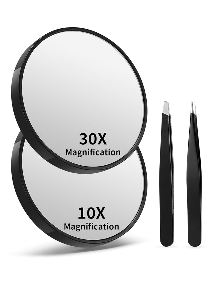 20X/30X/40X Magnifying Mirror with Suction Cups and Tweezers Set, 3.5 Inches Travel Magnified Makeup Mirror, Black, 3PCS