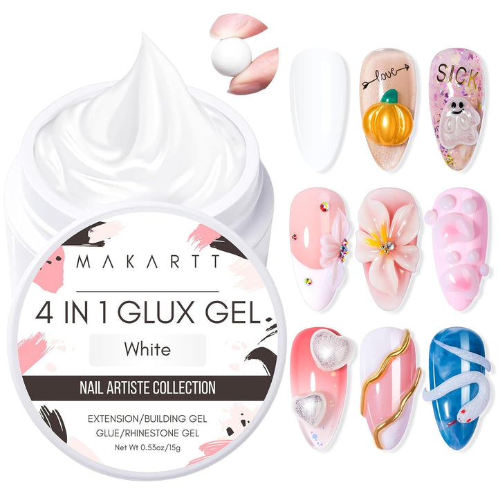 3D Gel Nail Art: Clear Solid Builder Nail Gel 4 in 1 Non-Sticky for Extension UV Glue for Acrylic Nails Rhinestones 3D Sculpting Hard Gels UV/LED Lamp Required 15Ml