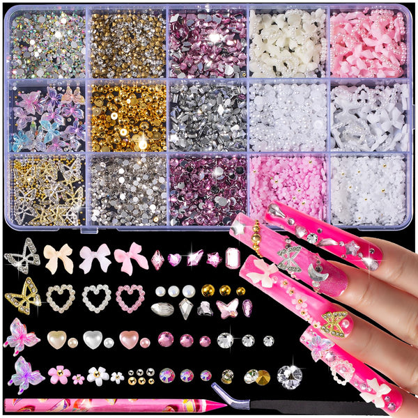 10000Pcs Nail Charms and Gems:Pink Cute Bow Heart 3D Flower Charms for Junk Cases Kit;Gold Chunky Butterfly Charms for Nails Design,Nail Jewels Diamond Rhinestones for Nails;Beads Pearls for Nails Art