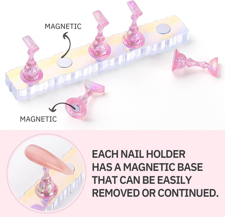 2 Set Nail Holder for Display Painting Nails - Aurora Acrylic Magnetic Practice Nail Stand Set - Fake Nail Holder for Press on Nails with Reusable Adhesive Putty (Aurora Pink)