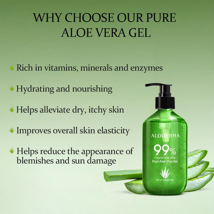 99% Organic Aloe Vera Gel Made within 12 Hours of Harvest - Lightweight, Non-Sticky Aloe Gel for Face Body, Hair, & Scalp, after Sun Relief, Natural, Soothing Hydrating Aloe Gel, 10.6Oz