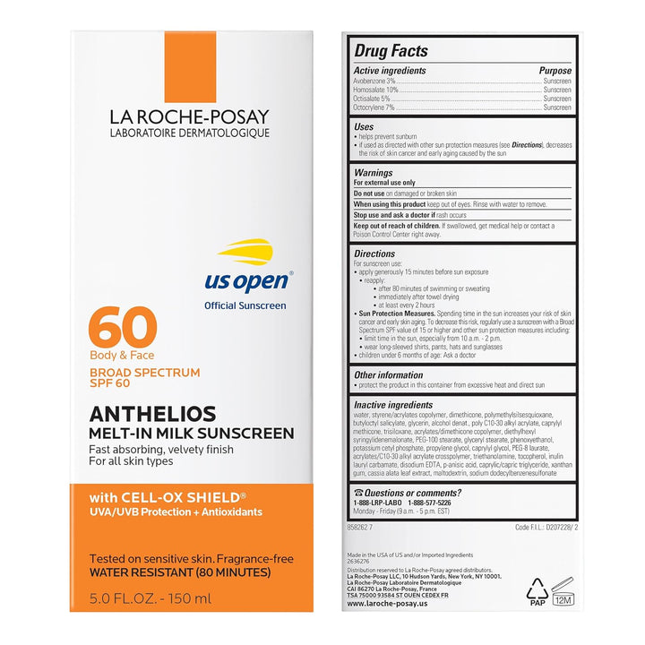 Anthelios Melt-In Milk Sunscreen SPF 60, Sunscreen for Body & Face, Broad Spectrum SPF + Antioxidants, Oil Free, Lightweight & Fast Absorbing, Oxybenzone Free