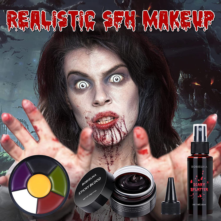 Demonic Special Effects SFX Halloween Makeup Kit - 5 Colors Bruise Makeup Face Body Painting Palette + Scar Wax with Spatula Tool + Fake Blood Splatter Spray + Fake Blood Cream +Stipple Spong