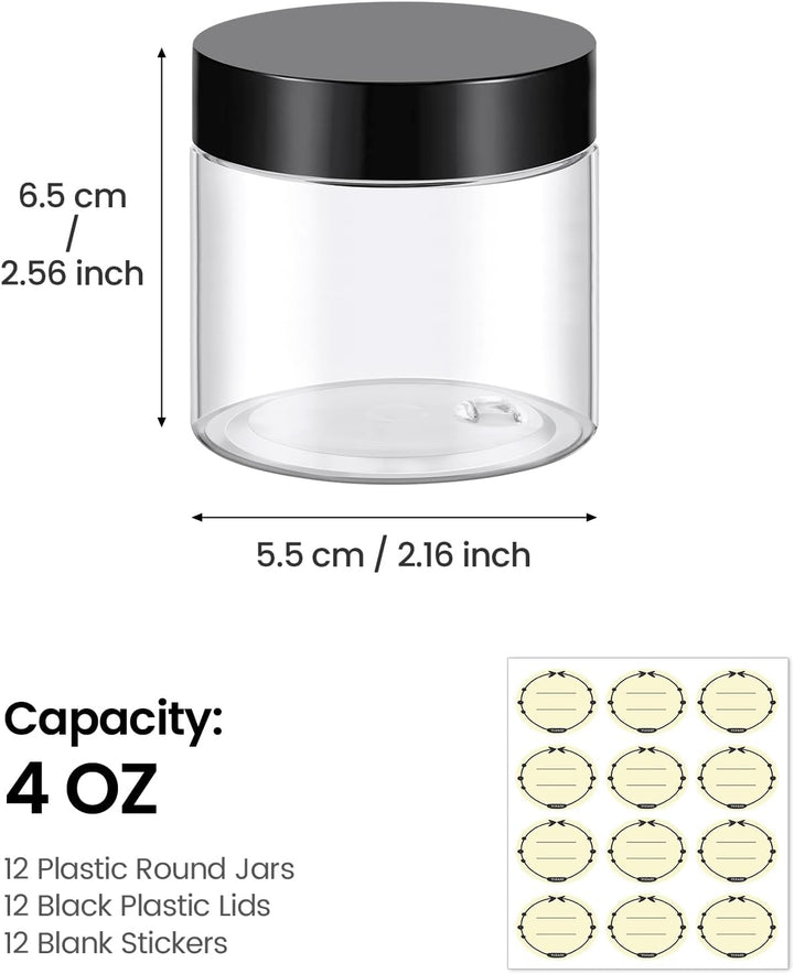 4 Oz Plastic Container Jars with Lids and Labels BPA Free, Empty round Clear Cosmetic Slime Jars for Lotion, Cream, Ointments, Body Butter, Makeup, Travel Storage (12 Pack)