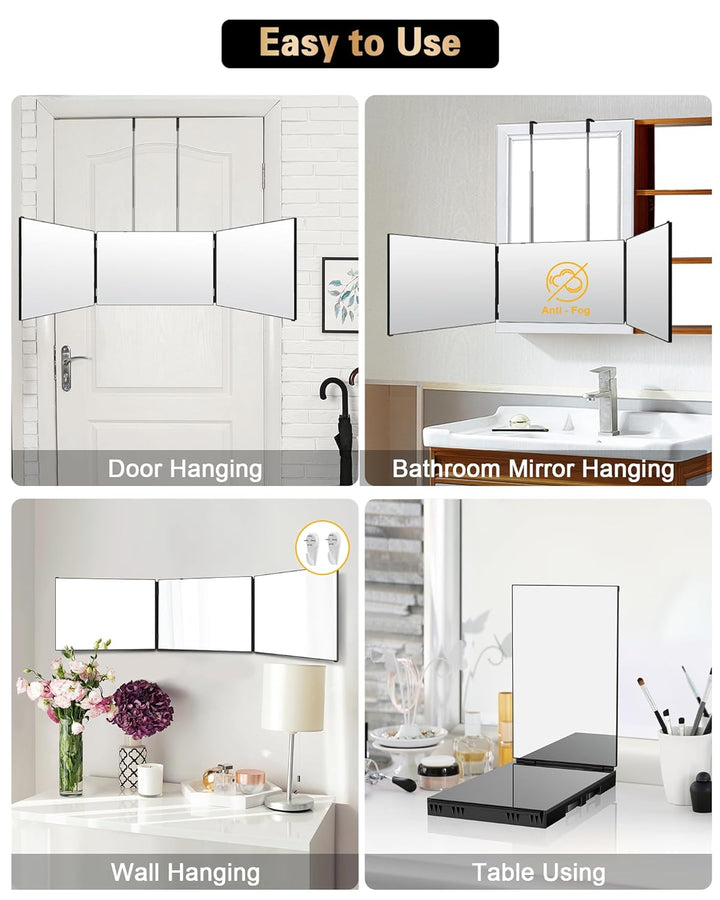 360 Viewing Angle Self Hair Cutting Mirror, Clear Anti-Fog HD Glass (Black without LED without Accessories)