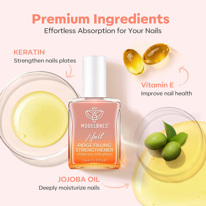 Nail Strengthener and Growth Nail Hardener Extra Strong and Growth Nude Pink Orange Nail Polish Nail Repair for Damaged Nails Strengthening Polish Ridge Filler for Nails 15Ml