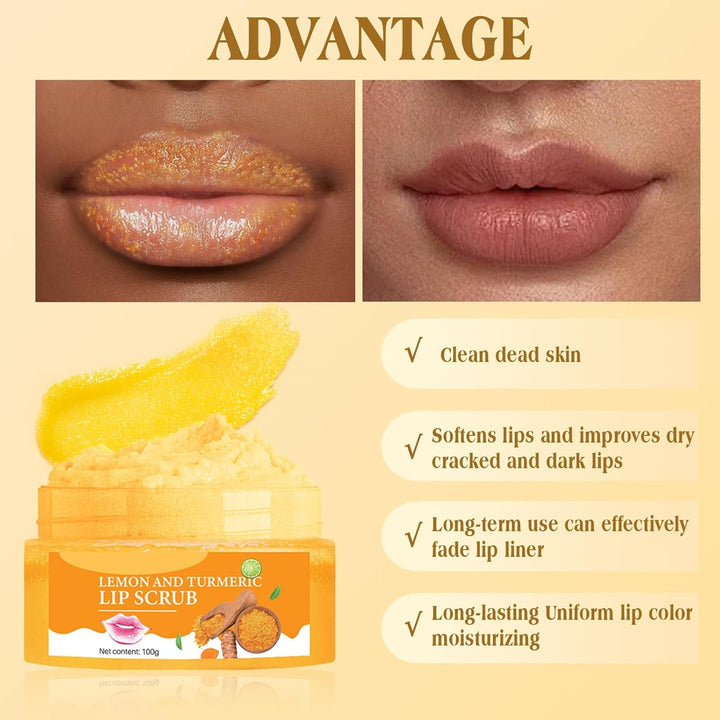 Turmeric Lemon Lip Scrub with Brush, Lip Scrubber Exfoliator for Dark Lips, Dry, Chapped Lips, Reduce Fine Lines, Natural Nourish Sugar Lip Scrub with Aloe Vera, Deep Hydration Moisturization 100G