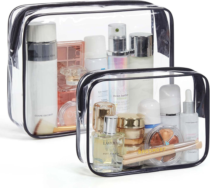 Clear Toiletry Bag, 2 Pack TSA Approved Travel Toiletry Bag Carry on Travel Accessories Bag Airport Airline Quart Size Bags Water Repellent Makeup Cosmetic Bag for Women (Black-2Pcs)