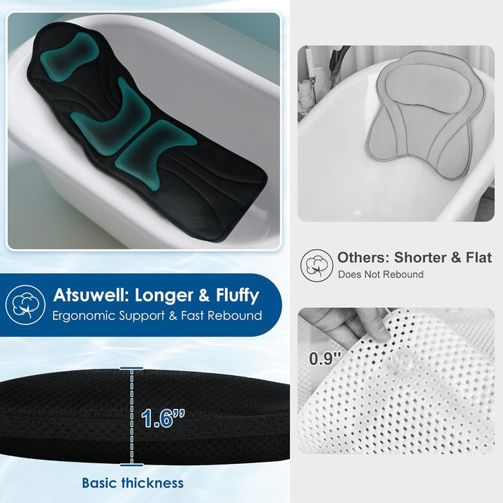 Full Body Bath Pillow for Bathtub, Ergonomic Bathtub Cushion for Neck, Waist, Hip Support, Luxury 3D Mesh Shower Pillow with Non-Slip Suction Cups & Dual Hooks, Pressure Relief, 51'' X17''