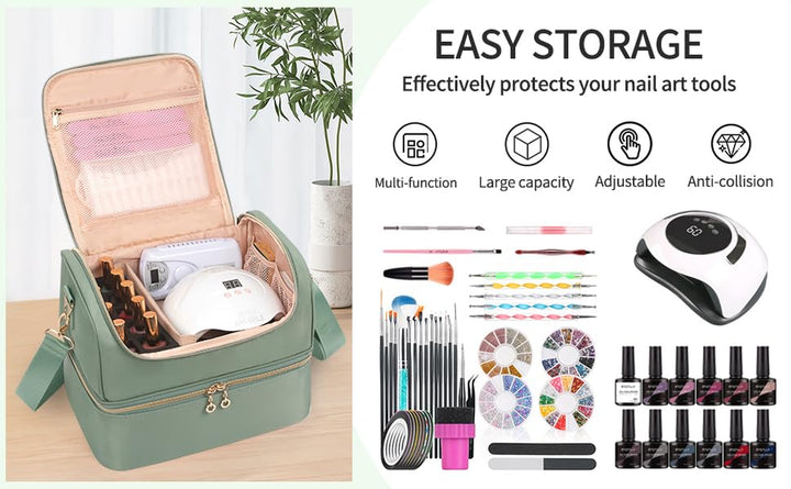 Nail Polish Organizer Case, Nail Supplies Storage Box Holds 45 Bottles Nail Polish & Nail Lamp, Travel Nail Tech Carrying Case, Nail Kit Bag for Nail Stuff & Manicure Tools