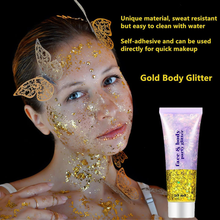 Gold Face Body Glitter,Mardi Gras Glitter Makeup Gold Face Paint,Holographic Chunky Sequins Glitters for Eye Lip Hair Nails,Festival Rave Accessories,52G
