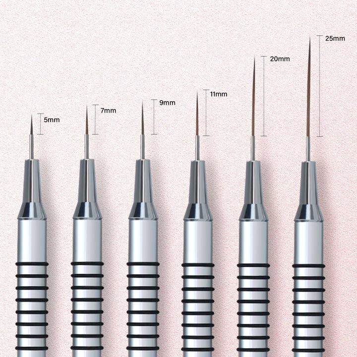 Metallic Nail Art Brushes, 6Pcs Non Slip Liner Brush Set, UV Gel Polish Painting Art Design Pen for Long Lines, Thin Details, Fine Drawing Sizes 5/7/9/11/20/25Mm(Silver)
