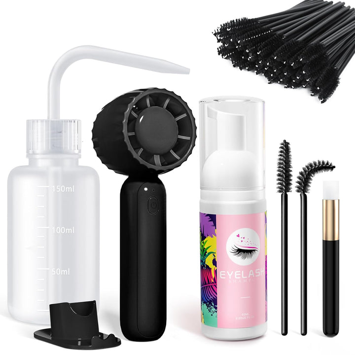 Lash Cleaning Kit - Lash Shampoo Kit Eyelash Extension Cleanser for Extensions 60ML with Rechargeable Handheld Lash Fan Dryer Mascara Brush Rinse Bottle Makeup Cleansing Foam for Lash Care