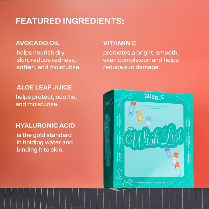 the Wish List Mini Skincare Essentials Gift Set - Includes Gel Cleanser, Vitamin C & Hyaluronic Serum, Eye Cream, Water Cream & Face Moisturizer - Travel Size Skin Care (6 Count)