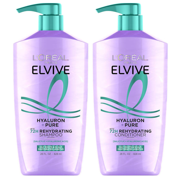 Elvive Hyaluron + Pure Shampoo and Conditioner Set, Clarifying Shampoo and Rehydrating Conditioner with Salicylic Acid and Hyaluronic Acid, 1 Kit