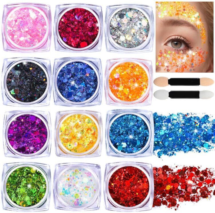 Body Glitter Face Glitter Makeup Festival Glitter, 12 Colors Face and Body Glitter Gel, Hair Glitter Gel, Body Makeup